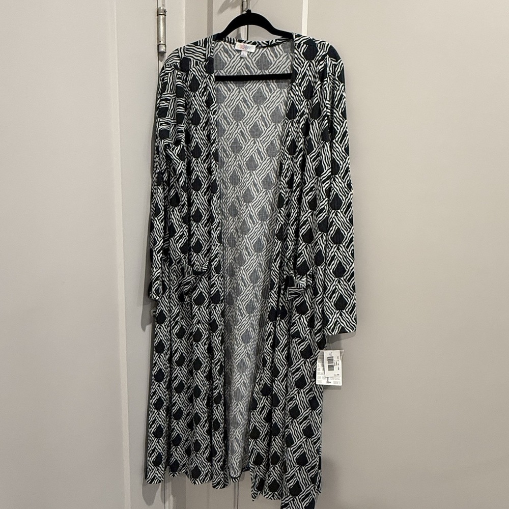 LuLaRoe Sarah Cardigan Womens L Black  Geometric Open Front Long Duster NWT